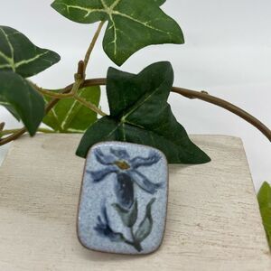 Vintage 60s Enamel Floral Flower Handprinted Copper Brooch Pin Pastel Baby Blue